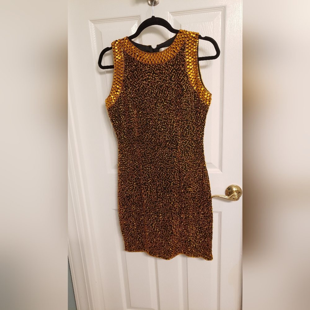 Gold beaded silk cocktail dress, size 4.  Never been worn. Lillie Rubin